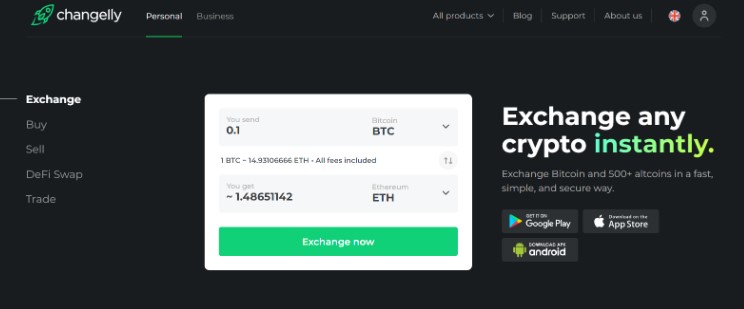 Changelly homepage