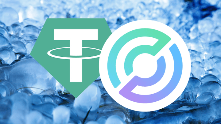 Tether and Circle logos and ice on the background