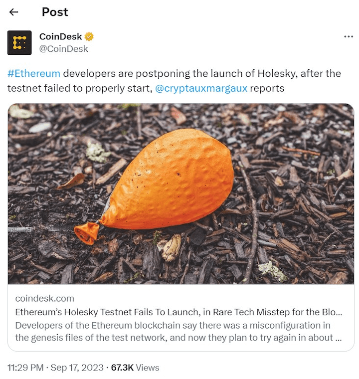 A Tweet (X) about that from CoinDesk
