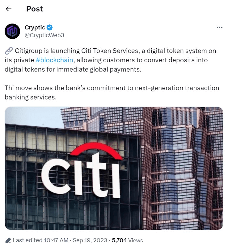 An X (Twitter) post about Citi Token Services