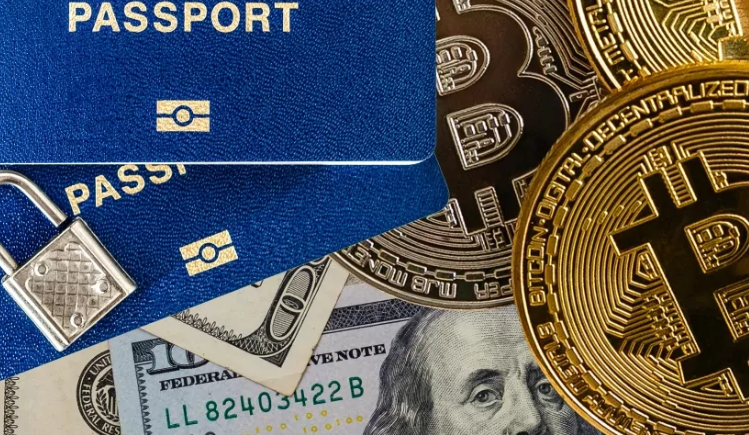 Passports, dollar bills, and crypto coins